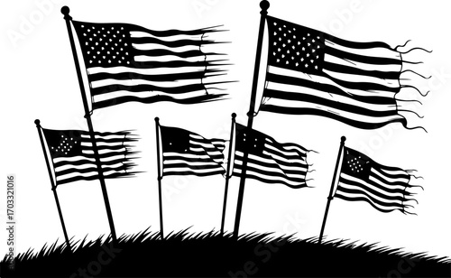 Waving American Flags Silhouette Design