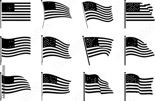 Waving American Flags Silhouette Design