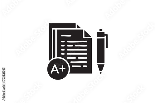 Exam and Grade Icon in Solid Style Featuring Paper with A Plus Mark and Pen Representing Education, School Test, Academic Success, and Student Performance Evaluation