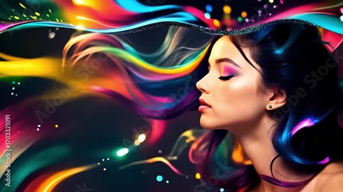 A fantastic, contemplative view of a woman with rainbow hair in rainbow colored water.