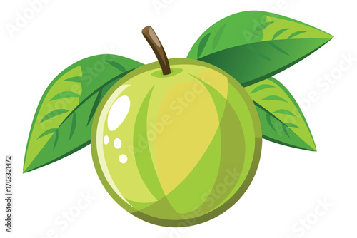 Cartoon guava fruit displays a yellowishgreen exterior with three vibrant green leaves around the stem