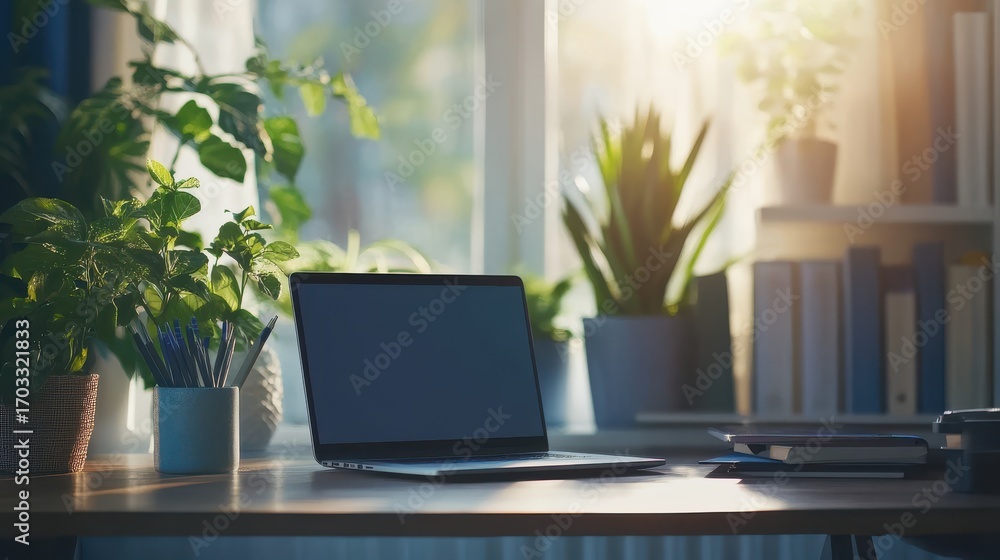 Fototapeta premium community meeting on a laptop, a peaceful home office setup with plants and books, blurred background