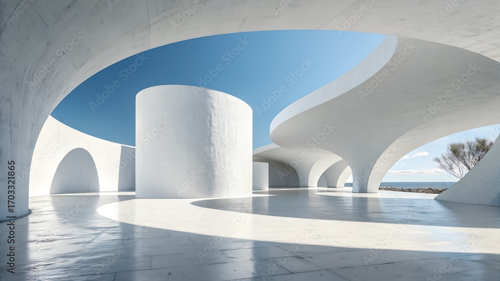 Fototapeta premium Futuristic White Structure with Ocean View – Architecture, Minimalism, Geometry, Organic Design, Coastal, Conceptual