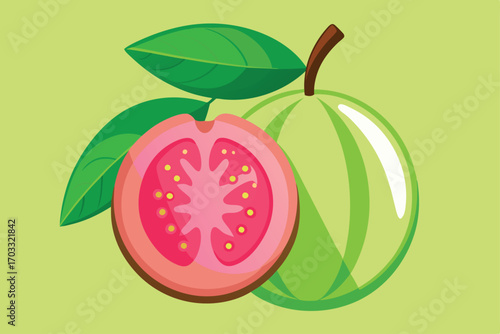 Sliced guava reveals sweet pink flesh and seeds near the whole fruit with leaves