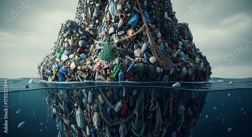 A massive accumulation of plastic waste, resembling an iceberg, floats in the ocean, highlighting the pollution problem.