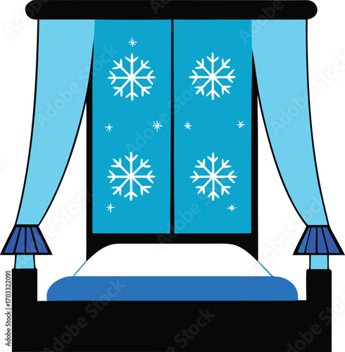 bedroom with snowflake curtains on white backgroun.eps