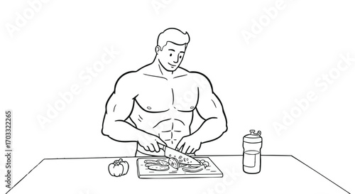 Fitness and nutrition concept showing a muscular athlete preparing a healthy meal with a protein shaker nearby. Line art illustration