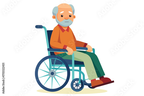 Elderly man with white hair sits in a wheelchair wearing an orange shirt