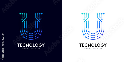 U letter logo design in circuit electric line typographic innovation tech for Ai transformation, engineering technology. Futuristic cyber gradient blue text for corporate brand. Digital letter title.