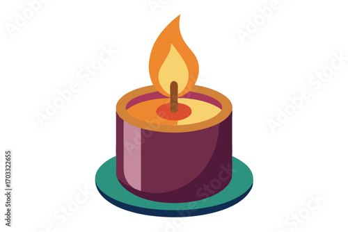Decorative maroon candle shows a bright orange and yellow flame at the top