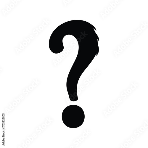 Black question mark with feathery top on white background with high contrast