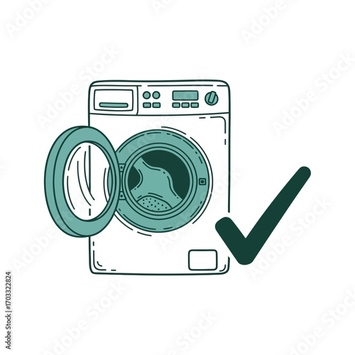 Washing machine with open door and check mark
