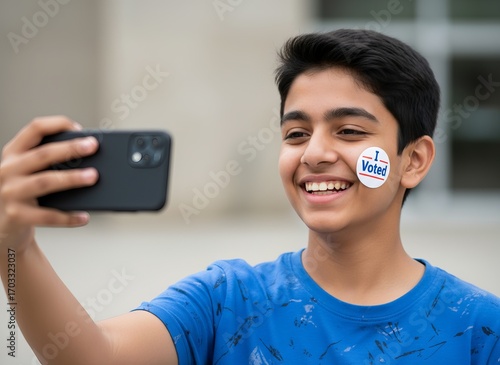 Indian teenager smiling with i voted sticker taking selfie on Election day