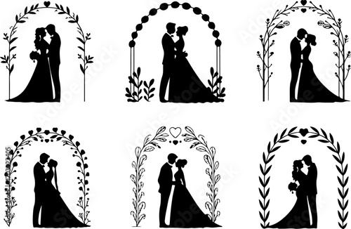 Romantic Wedding Couple Silhouettes with Floral Wreaths