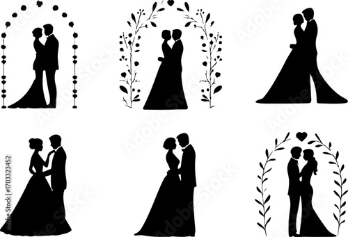 Romantic Wedding Couple Silhouettes with Floral Wreaths