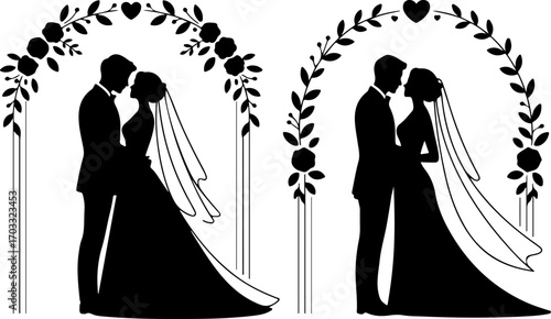 Romantic Wedding Couple Silhouettes with Floral Wreaths