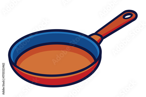 Blue rimmed skillet with an orange handle is displayed on a white background