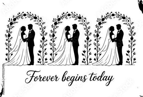 Romantic Wedding Couple Silhouettes with Floral Wreaths