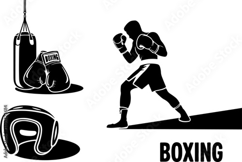 Boxing Equipment and Fighter Silhouette Vector Set