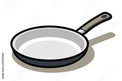 Gray pan with handle rests, casting a soft shadow on a clean white surface