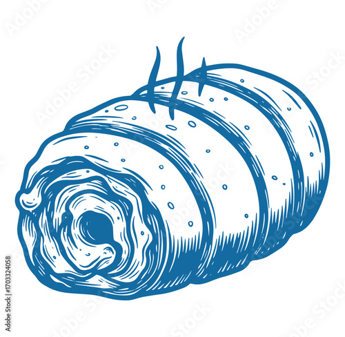 Hand drawn illustration of a delicious roasted roll with steaming hot savory filling