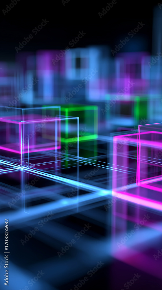 Obraz premium Abstract glowing cubes in neon grid. 
