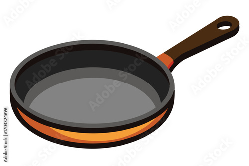 Cartoon shows a nonstick skillet with brown handle placed on white background