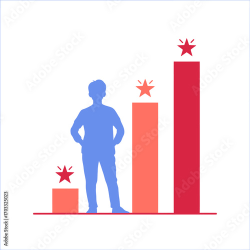 Silhouette of a man standing in front of a rising bar graph with stars