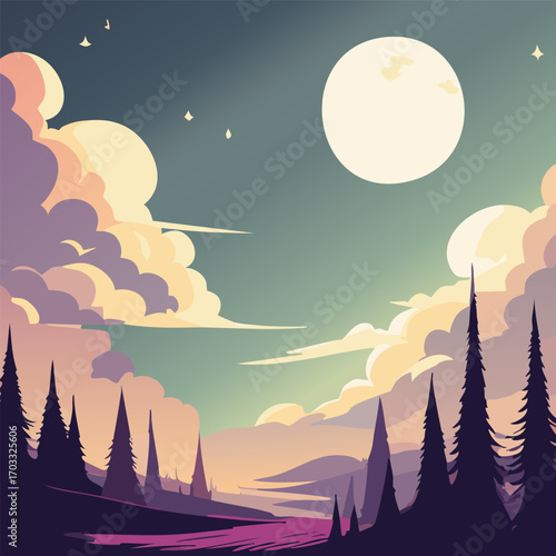 A serene and enchanting night landscape featuring a luminous full moon, soft colorful clouds, and a silhouette forest