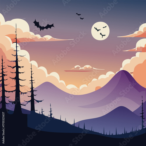 Eerie mountain landscape at dusk with a full moon, flying bats, and dark pine trees creating a mysterious and spooky Halloween atmosphere
