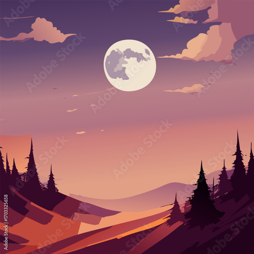 Beautiful vector illustration of a serene moonlit landscape with a pine forest and rolling hills under a purple twilight sky