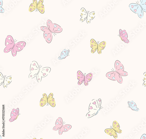 Seamless butterfly pattern, butterfly with heart  in multi-color design and hand-drawn insect elements, background on baby pink.