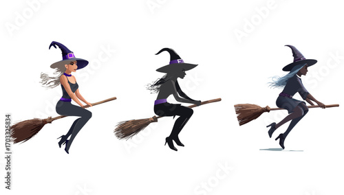 Illustrated set of three charming witch characters flying on broomsticks, isolated on a white background for Halloween or fantasy design