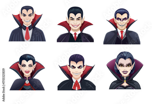 Collection of cartoon vampire characters for Halloween, featuring male and female avatars with sinister smiles and gothic costumes