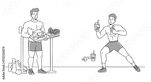 Illustrating the fundamental balance between meticulous dietary planning with nutritious food and effective workout routines for a healthy, fit lifestyle