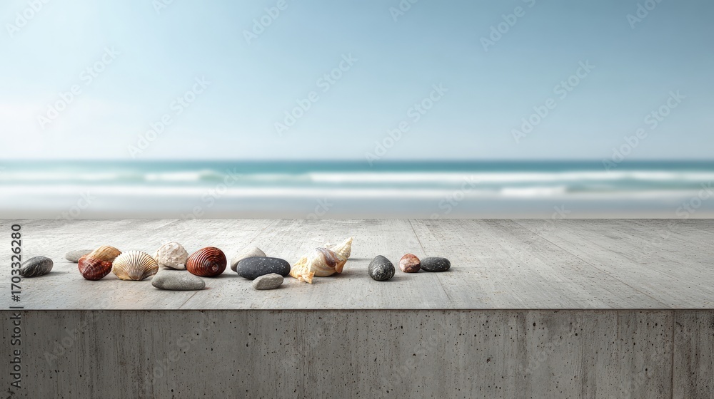 Obraz premium Seashells And Stones On Grey Concrete Beach Backdrop