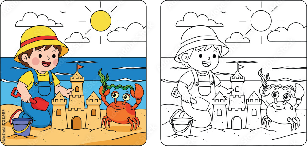 Fototapeta premium a child building a sandcastle with a crab at the beach