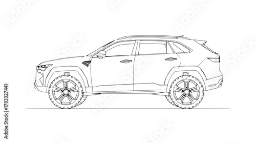 Minimalist technical drawing of a large SUV with sleek distinct rims, a notably raised chassis, and defined body contours, rendered in precise black line art without shading, viewed from a three-quart
