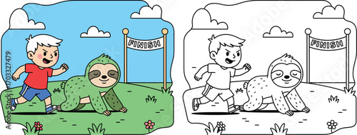 a boy racing with a sloth to the finish line