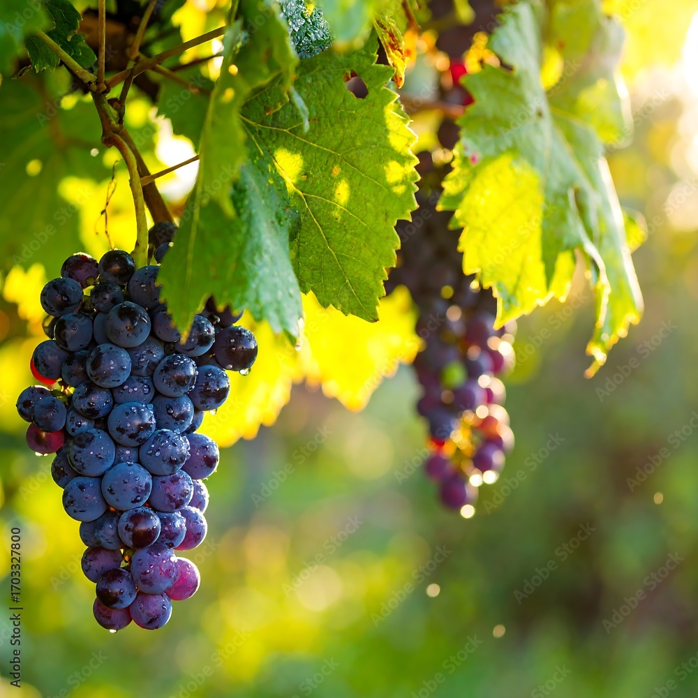Fototapeta premium Close-up of bunches of purple grapes hanging from vines, vibrant green leaves