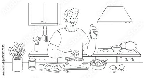 Line art illustration of a bearded man cooking a healthy meal in a modern kitchen, stirring a pot on the stove