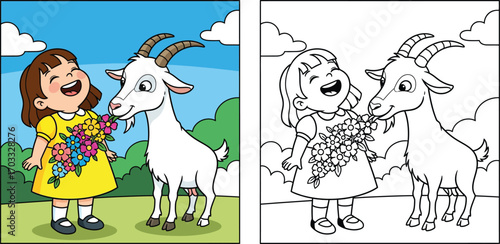 Happy Little Girl Feeding a Bouquet of Flowers to a Friendly Goat