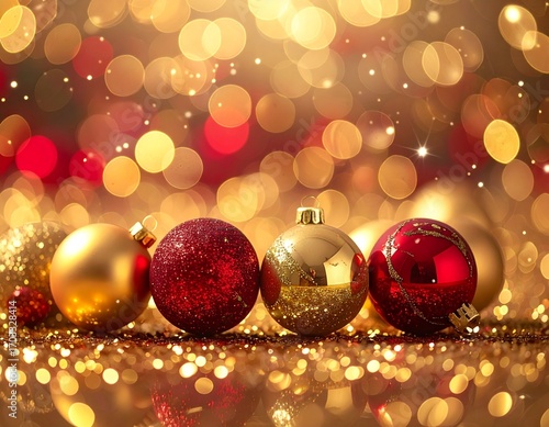 A row of red and gold Christmas ornaments with magical lights.

