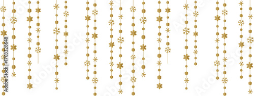 Golden Christmas decoration with garlands and hanging snowflakes vector isolated on transparent