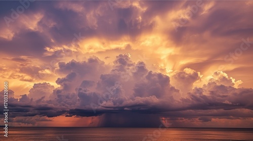 Dramatic sunset over ocean with towering clouds and rays of light illuminating the scene