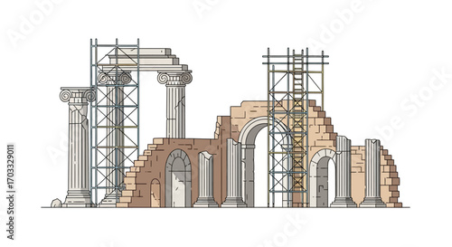 Ancient Roman ruins under restoration, scaffolding surrounds crumbling columns and arches.