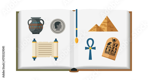 Open book illustration featuring ancient Egyptian artifacts and symbols.
