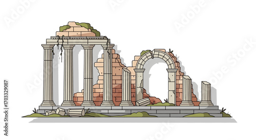 Vector illustration of ancient ruins with classical columns and arches. A crumbling historical temple isolated on a white background