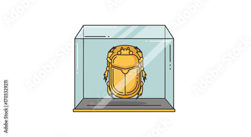 A stylized illustration of a golden scarab beetle displayed inside a clear glass case.