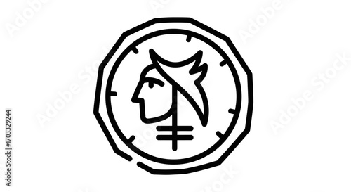 Minimalist line art depicting a coin with a stylized Native American head in profile, adorned with feathers.